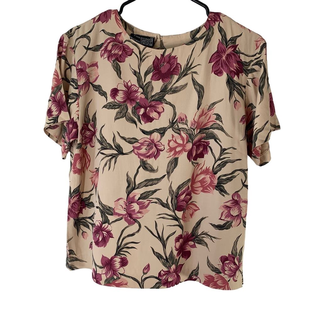 Vintage Christine David Short Sleeve Beige and Pink Floral Shirt Made in USA